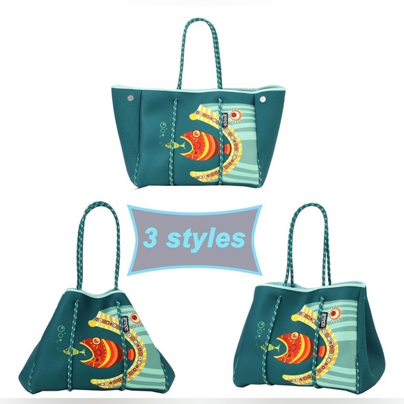 QOGIR Handbags - NEW Teal Fish Design Tote Bag Neoprene Large to X-Large summer beach pool resort